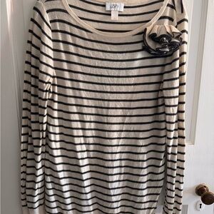 LOFT Merino Wool Striped Black and Cream Long Sleeve Sweater with Flower Detail